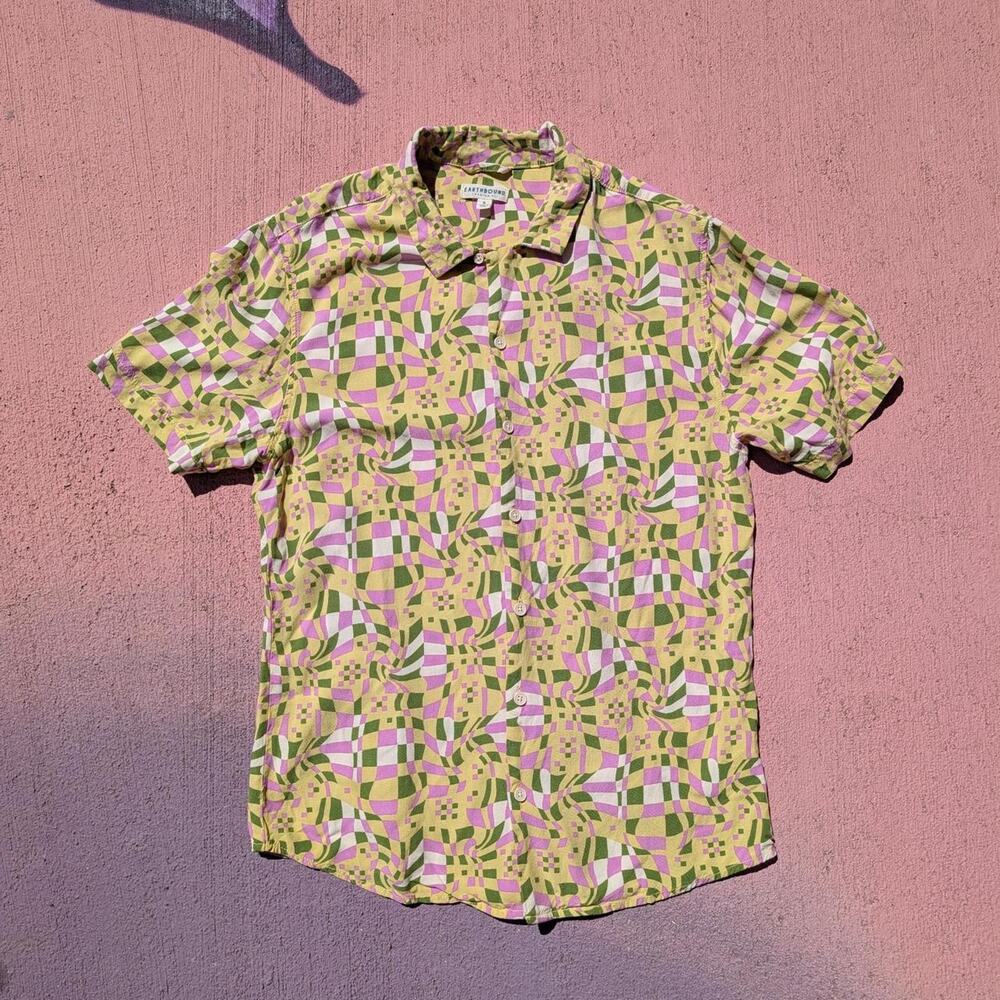 Earthbound Trading Co. Psychedelic Warped Checkered Button Up Shirt S